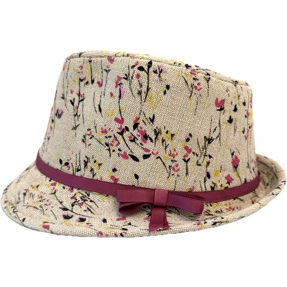 Studio thirtysix 100% Linen Women's Fedora Hat Beige w/ Floral Pattern Pink Bow - Picture 1 of 11